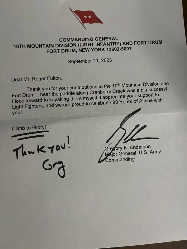 A Thank You from the Major General, 10th Mountain Division